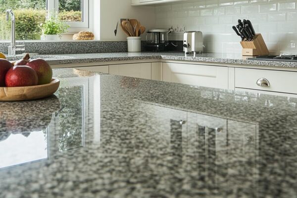 Stylowa kuchnia z widocznym kamiennym blatem kuchennym oraz misą z owocami.