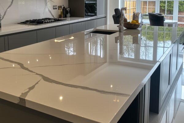 Nowoczesna kuchnia z eleganckimi, marmurowymi blatami kuchennymi.