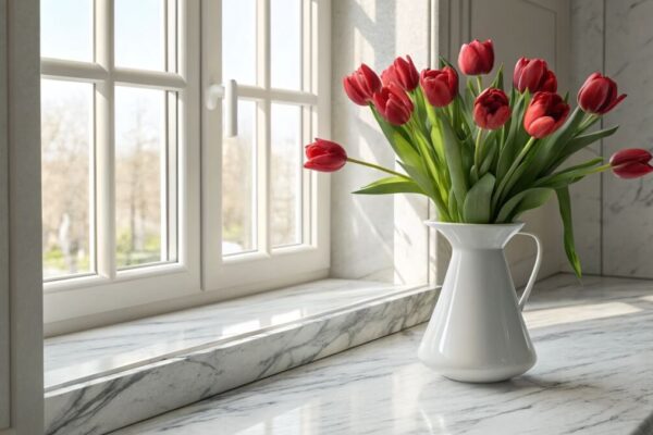Na parapetach konglomerat stoi wazon z czerwonymi tulipanami.
