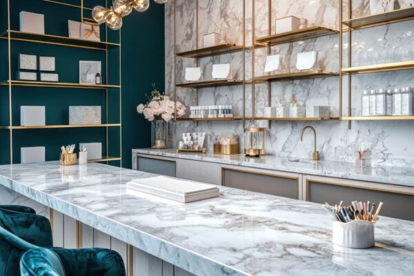 Eleganckie marmurowe blaty w luksusowym wnętrzu z półkami i złotymi detalami.