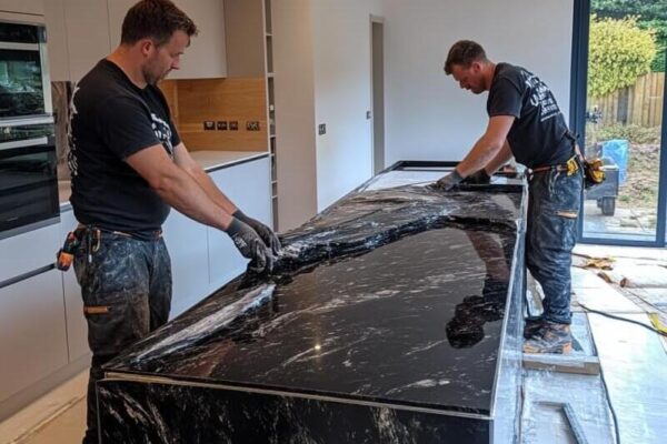 Pracownicy montują blaty granitowe w nowoczesnej kuchni.