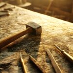 Narzędzia do kamieniarstwa leżą na stole roboczym.