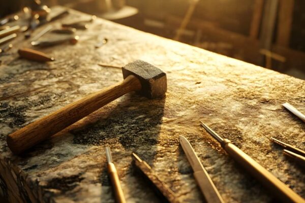Narzędzia do kamieniarstwa leżą na stole roboczym.