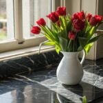 Wazon z czerwonymi tulipanami stoi na parapecie granitowym.