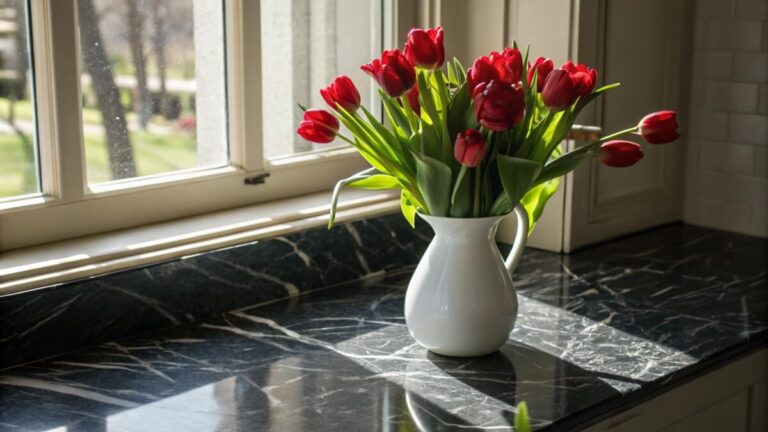 Wazon z czerwonymi tulipanami stoi na parapecie granitowym.
