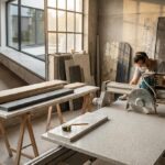 Parapety z konglomeratu w nowoczesnym wnętrzu, precyzyjne wykończenie MSG GRANIT